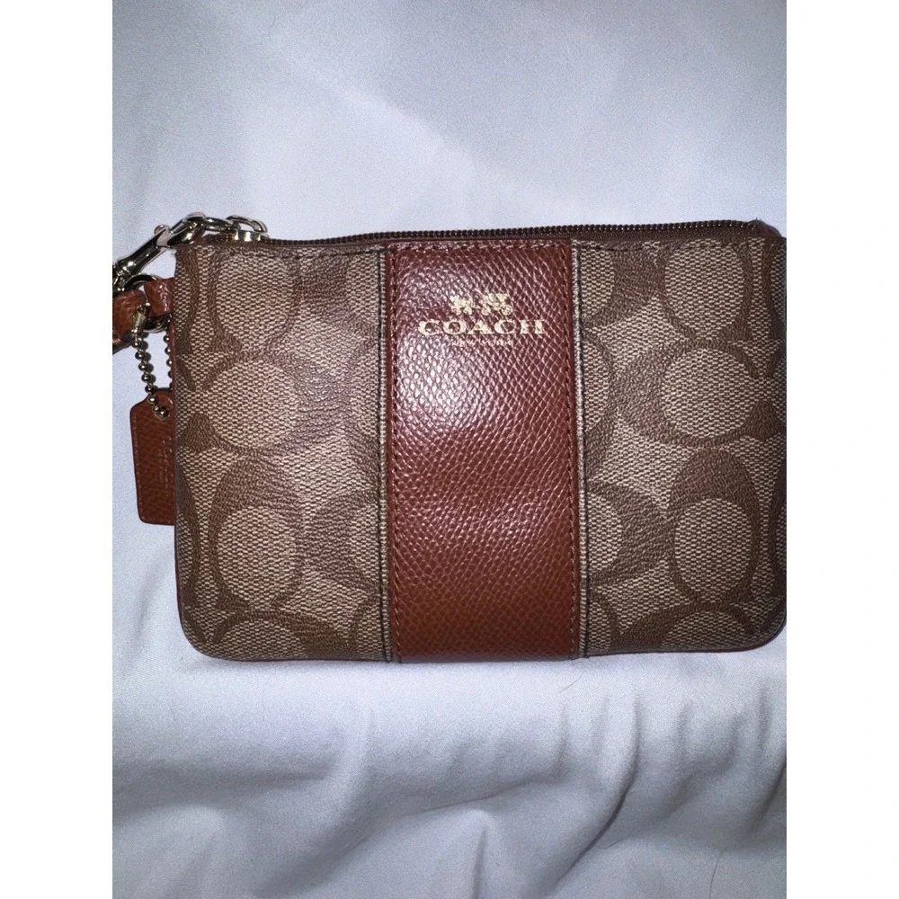 Coach Corner Zip‎ Wristlet Signature Canvas Saddle Brown Leather F58035 Gold HW